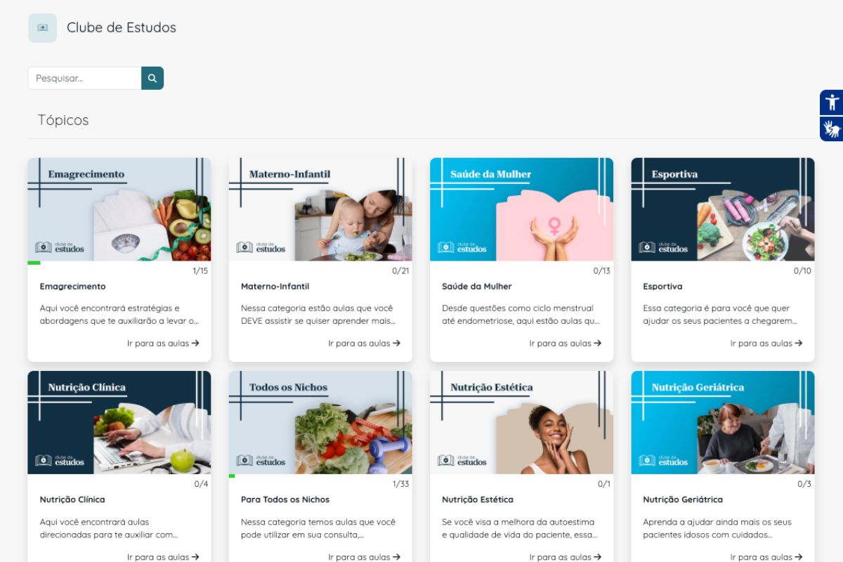 Clube de Estudos da Numax com categorias de videoaulas
