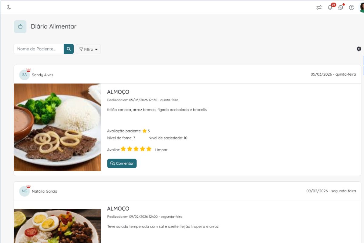 Diário alimentar de pacientes na Numax com fotos de refeições