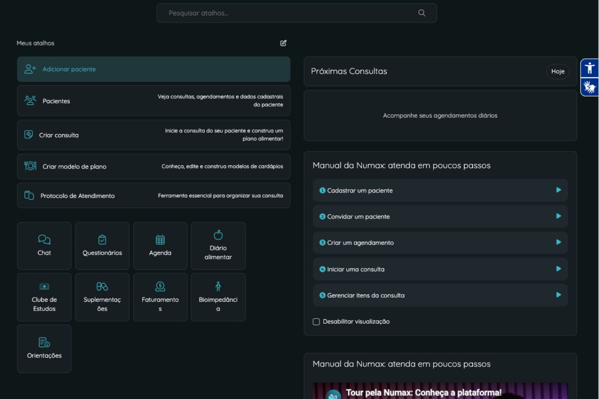Menu de início da Numax com atalhos e próximas consultas